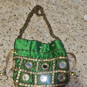 Green and Gold Embellished Women's Bag